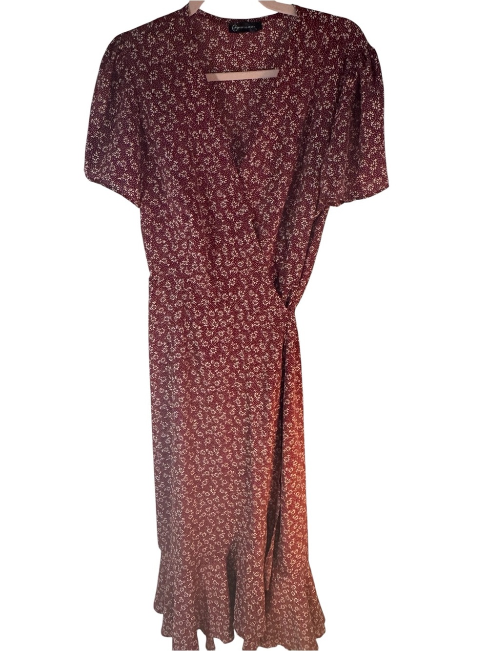 Pretty Garden Floral Wrap Midi Dress in Mauve/Rust with Ruffled Hem SZ L